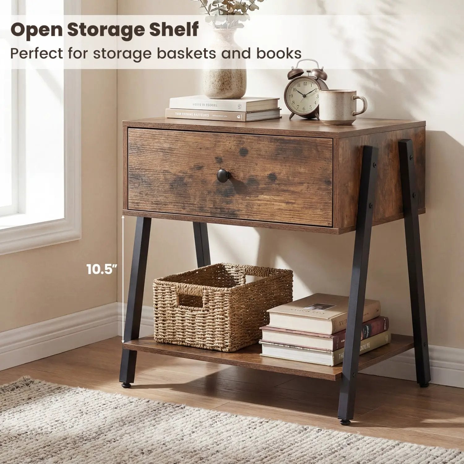 Industrial nightstand with drawer by DirectDeals rustic wood finish black metal legs 1-drawer on Tampa Home & Garden Store