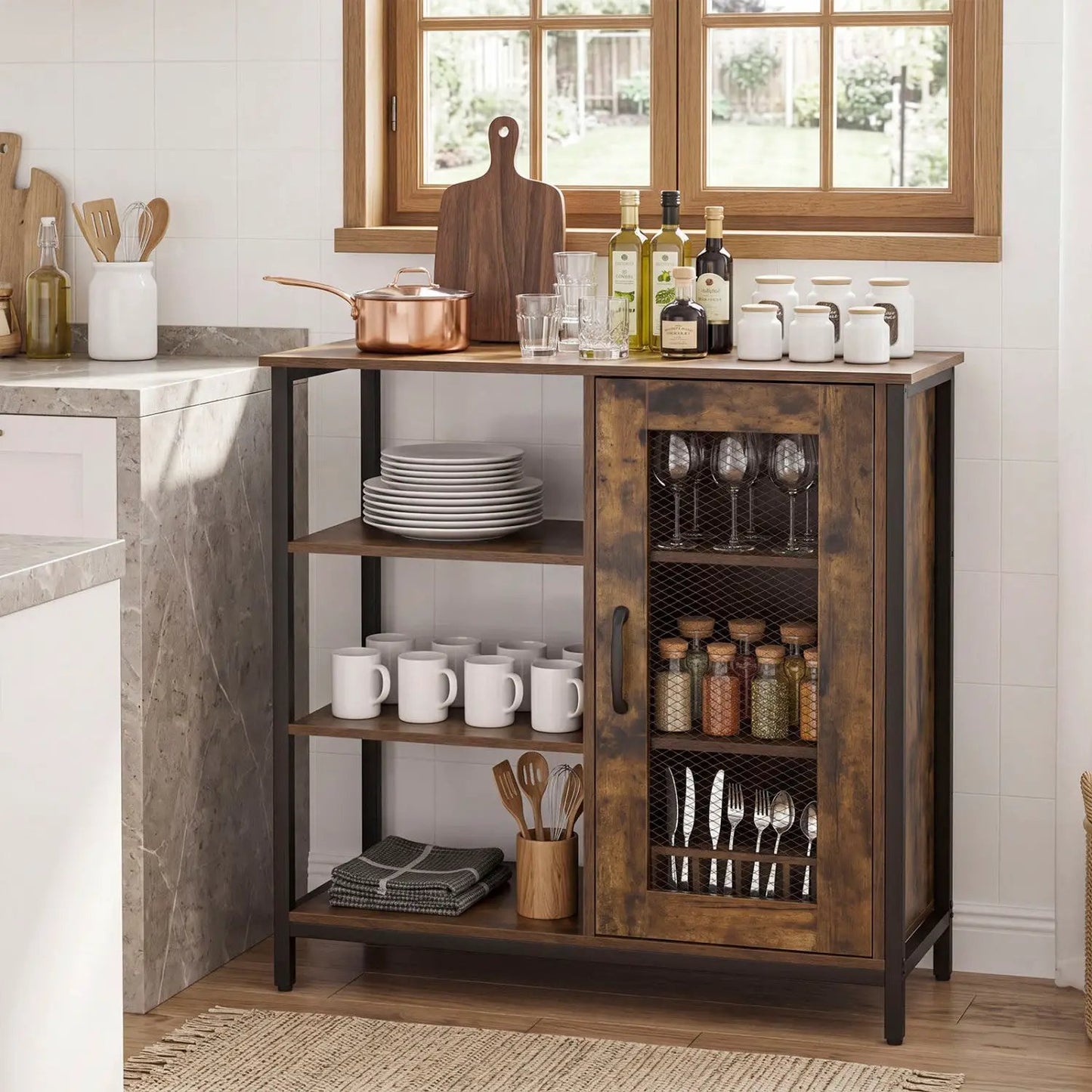 Side Cabinet with Mesh Door and 3 Shelves