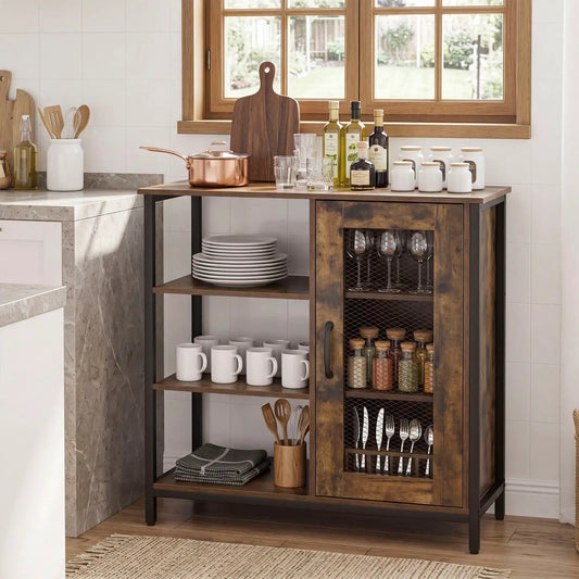 Industrial Side Cabinet DirectDeals with metal mesh door, wood top, 3 open shelves on Tampa Home & Garden Store