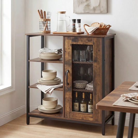 Industrial side cabinet with metal mesh door and 3 dark rustic wood shelves by DirectDeals on Tampa Home & Garden Store