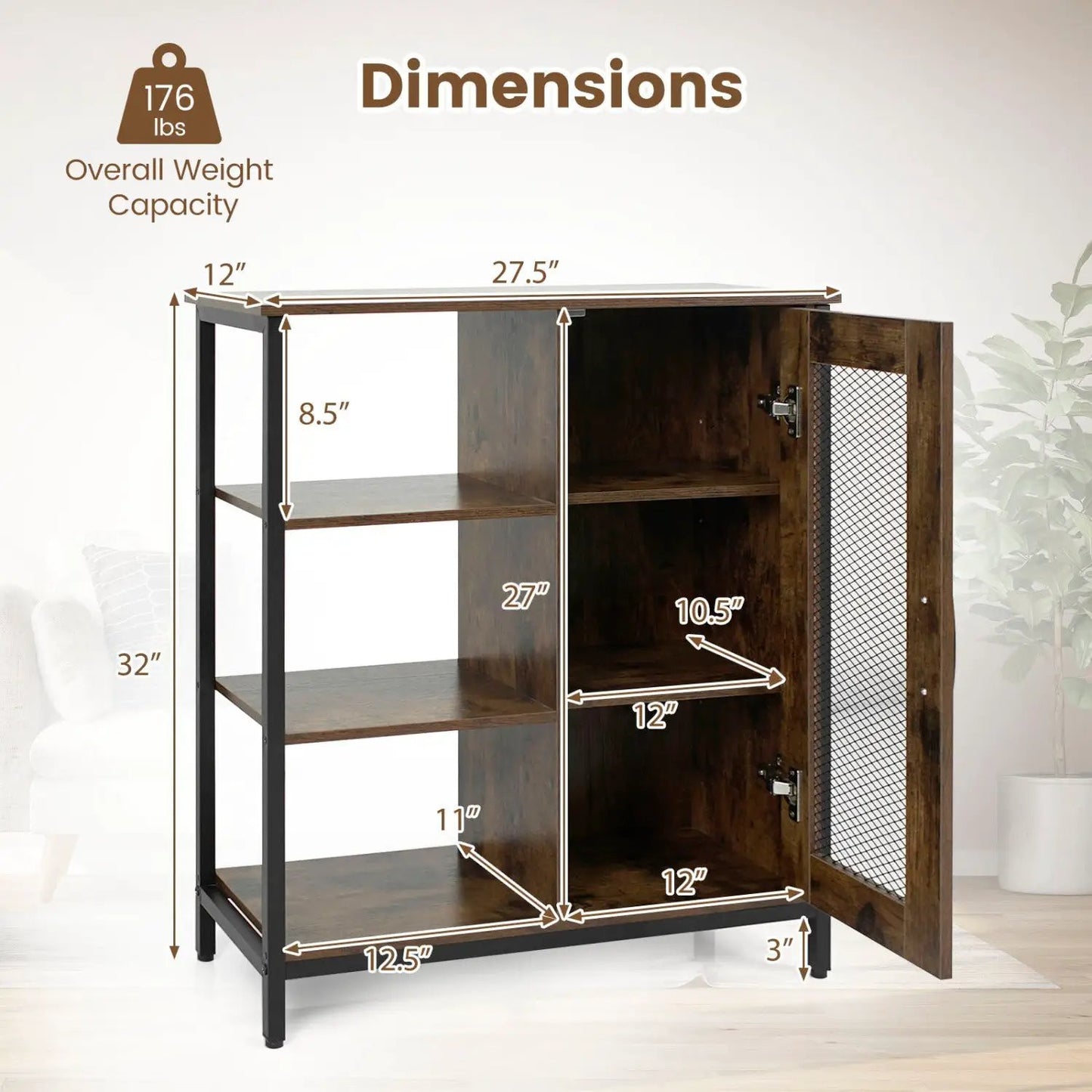 Side Cabinet with Mesh Door and 3 Shelves
