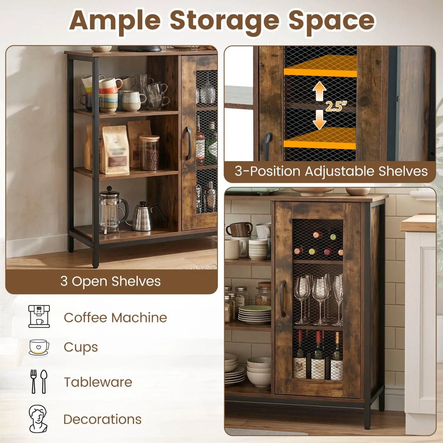 Side Cabinet with Mesh Door and 3 Shelves