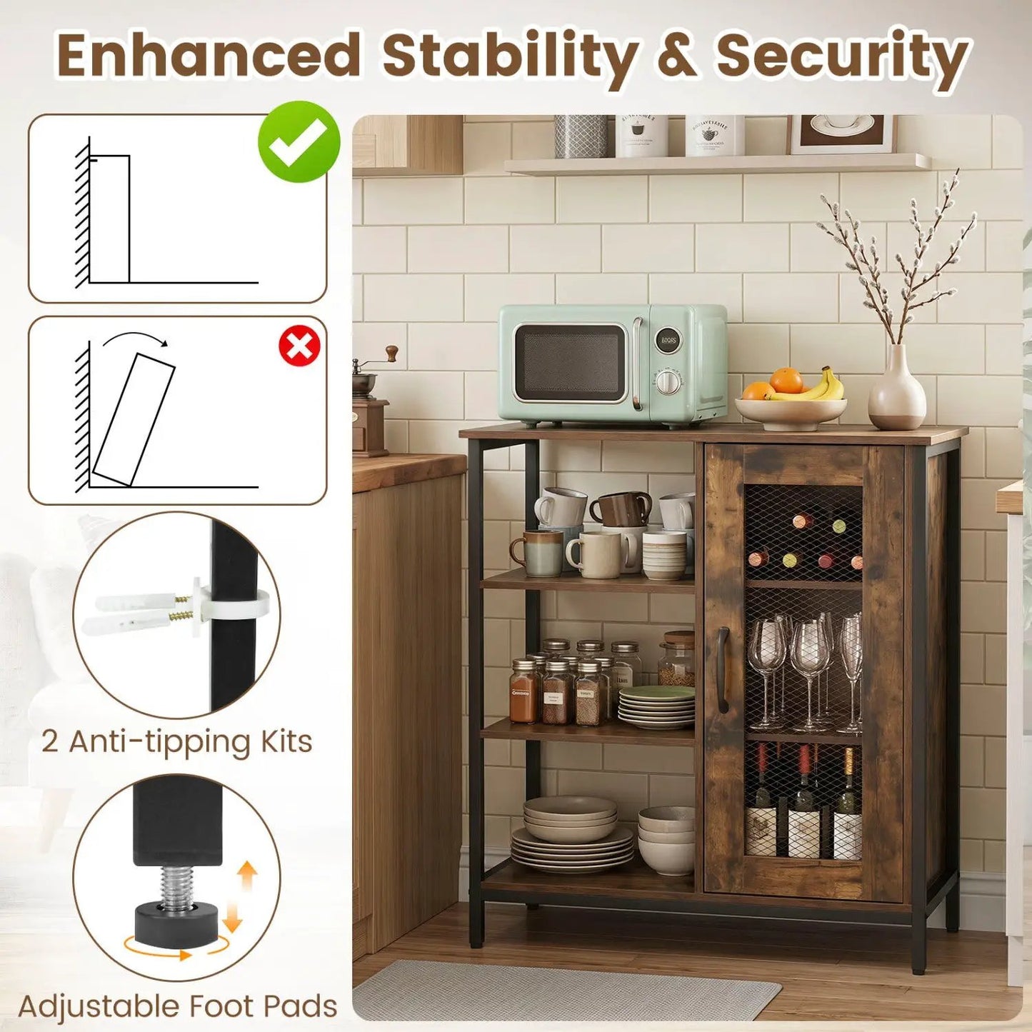 Side Cabinet with Mesh Door and 3 Shelves