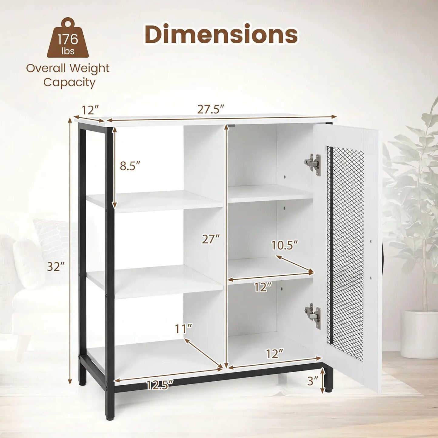 Side Cabinet with Mesh Door and 3 Shelves
