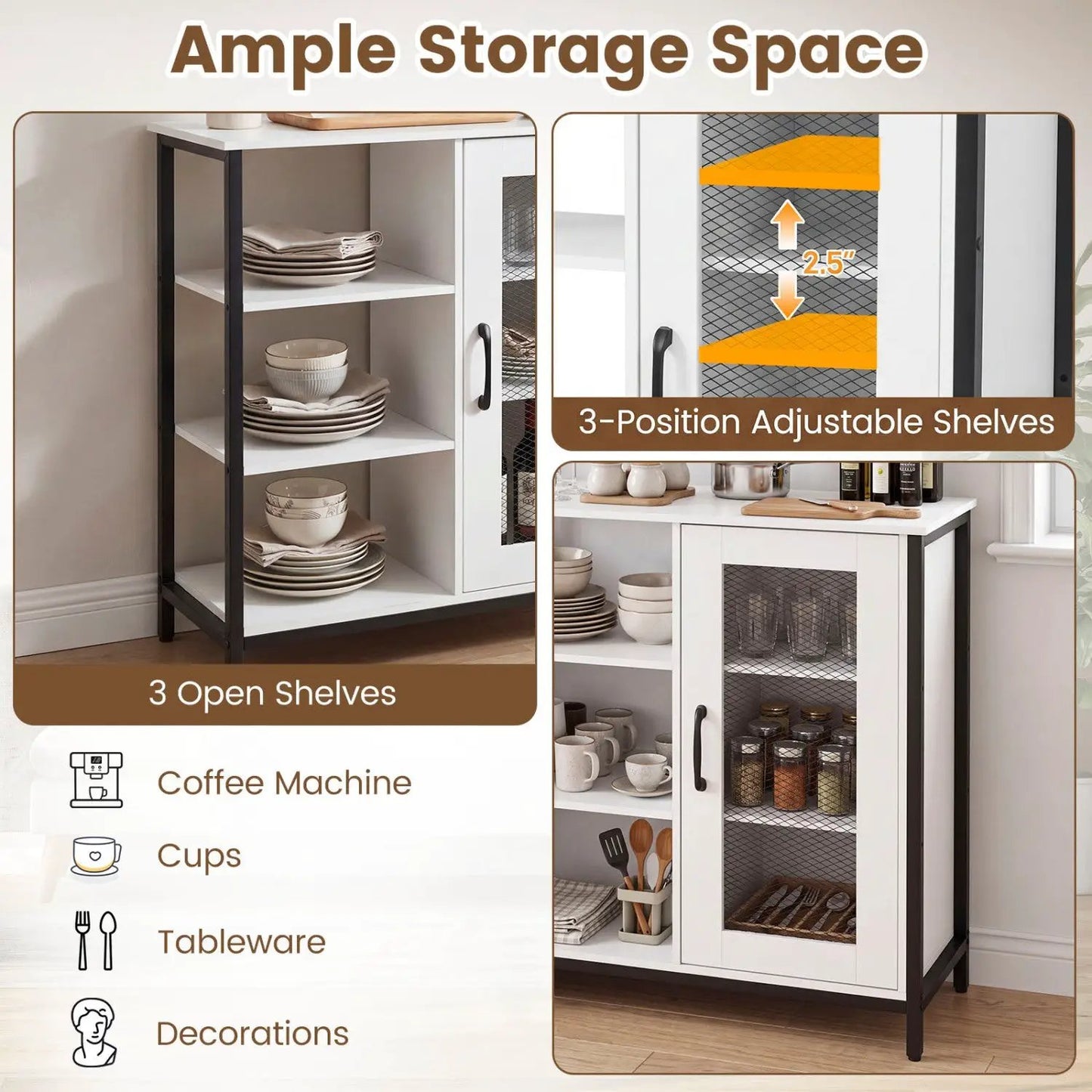 Side Cabinet with Mesh Door and 3 Shelves