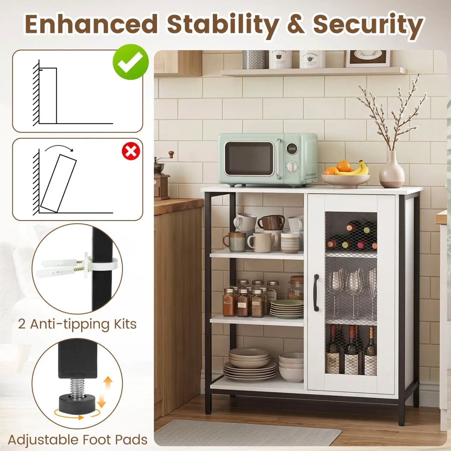 Side Cabinet with Mesh Door and 3 Shelves