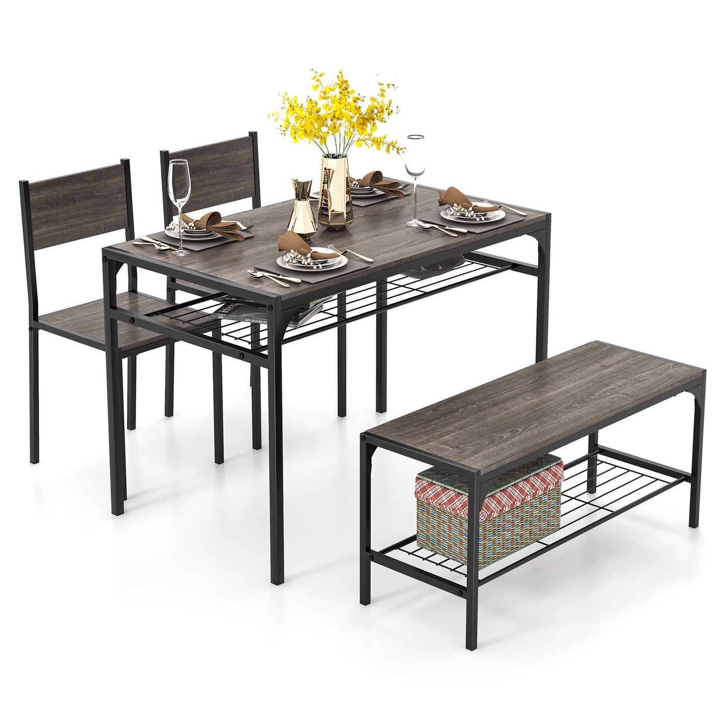 Industrial Style Rectangular Kitchen Table with Bench and Chairs-Walnut