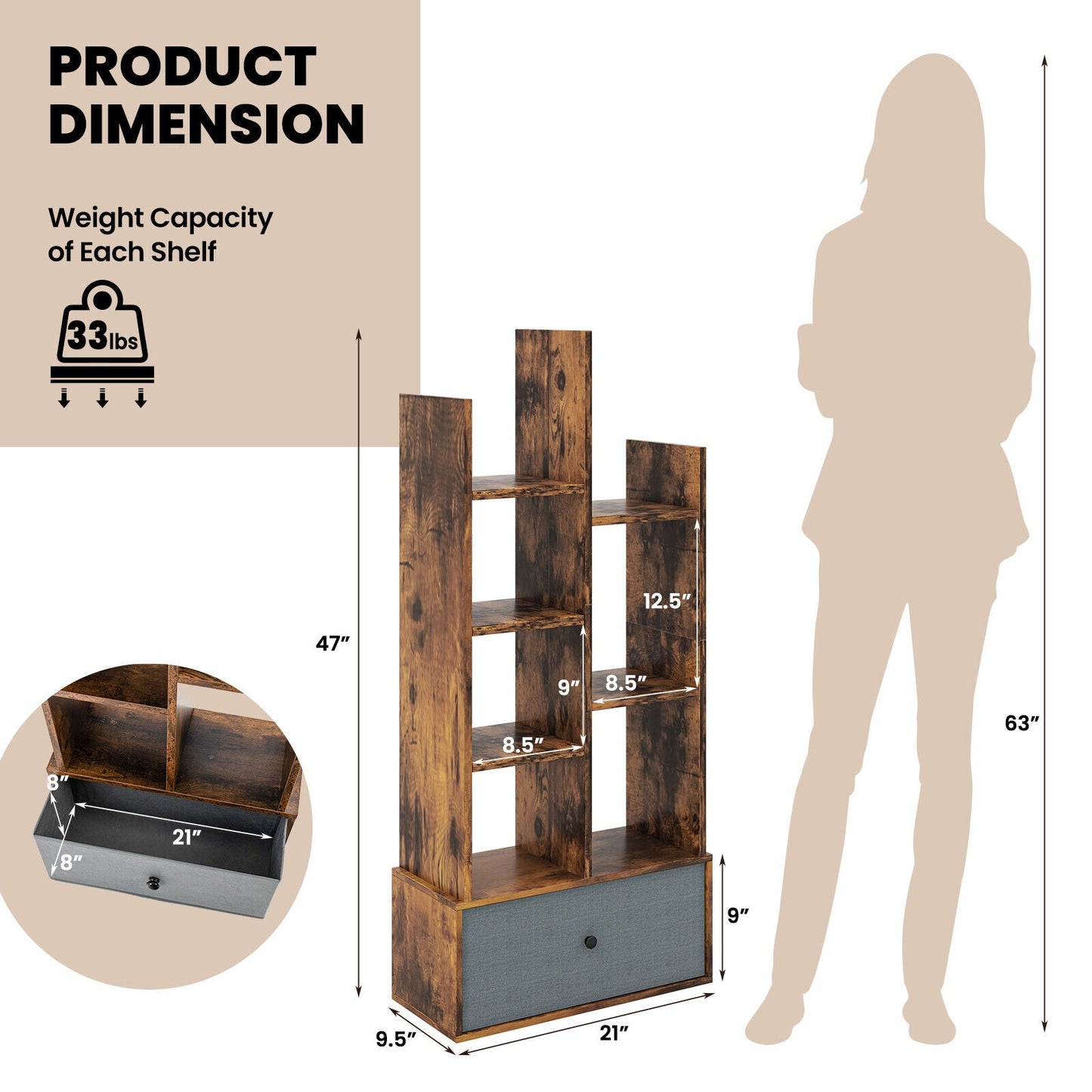 7-Tier Open-Back Bookshelf with Drawer