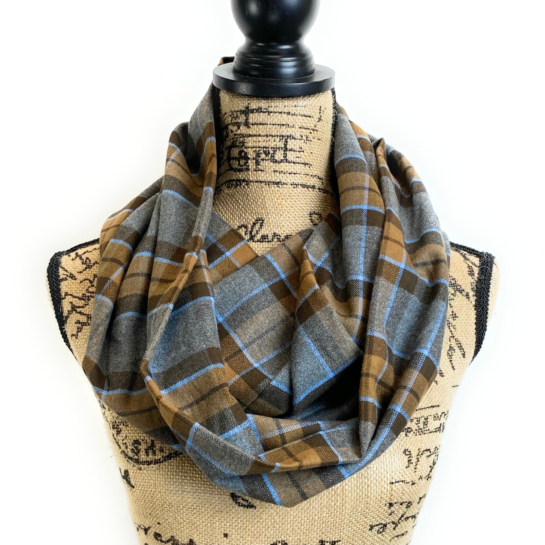 Infinity Scarf - Outlander Clan MacKenzie Inspired Gray, Brown and Light Blue Cotton Flannel - Tampa Home & Garden Store