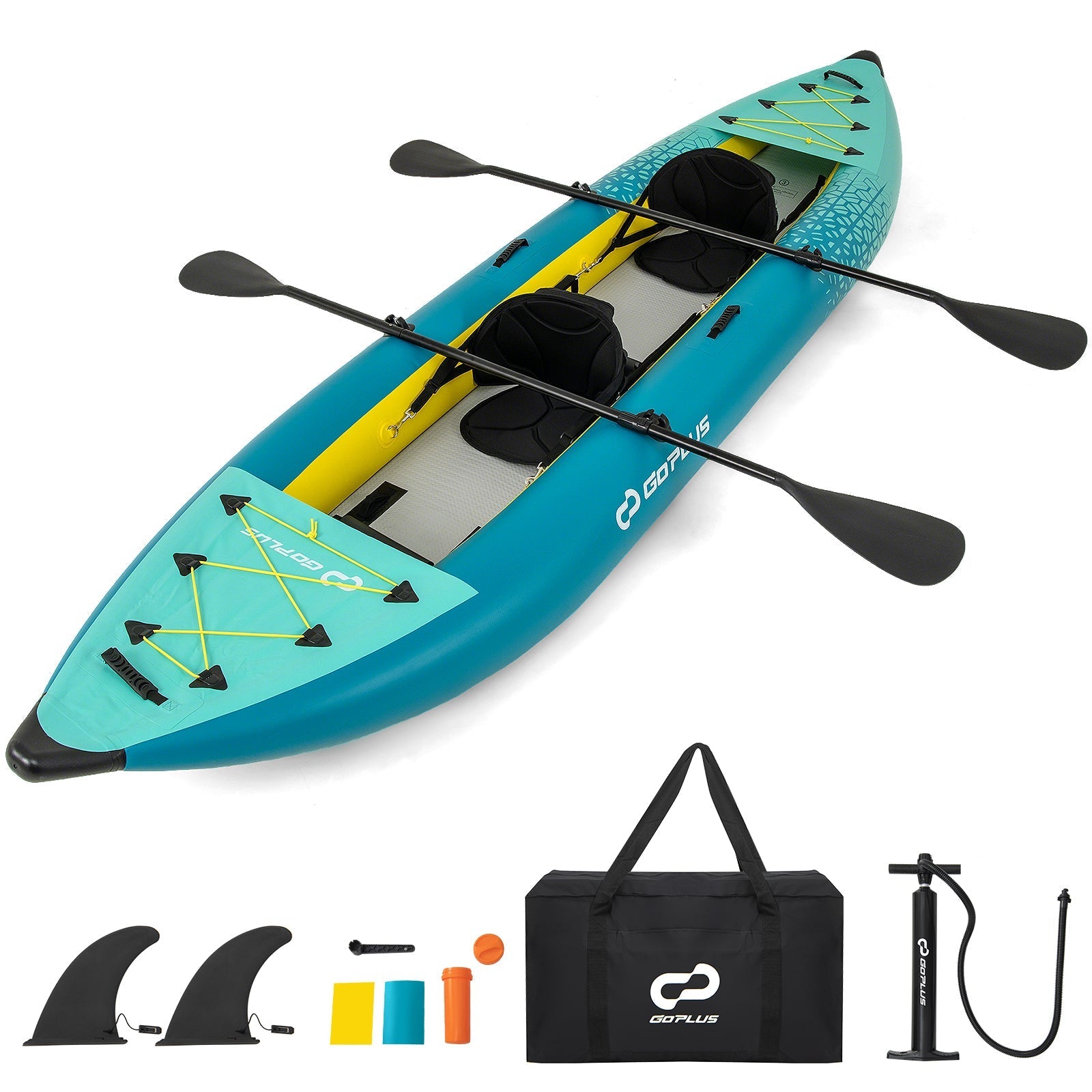GemGear inflatable 2-person kayak set with aluminium oars, teal/blue hull, repair kit on Tampa Home & Garden Store