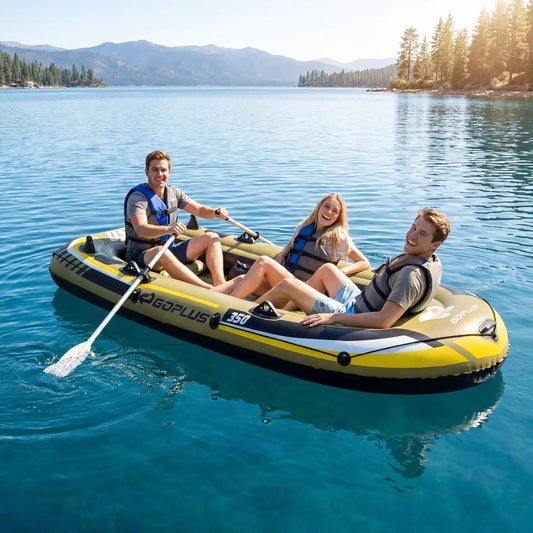 4-person inflatable fishing boat with oars and pump in yellow gray GoPlus branding on calm lake on Tampa Home & Garden Store