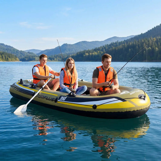 4-Person inflatable fishing boat with oars and pump; three anglers in vests on a calm lake on Tampa Home & Garden Store