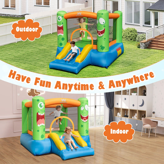 Inflatable Bounce House Monster Themed Bouncy Castle with Large Jumping Area and Slide 550W Blower Included - Tampa Home & Garden Store