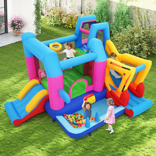 DirectDeals Inflatable Bounce House 8-in-1 Excavator Theme with Blower, blue pink yellow on Tampa Home & Garden Store
