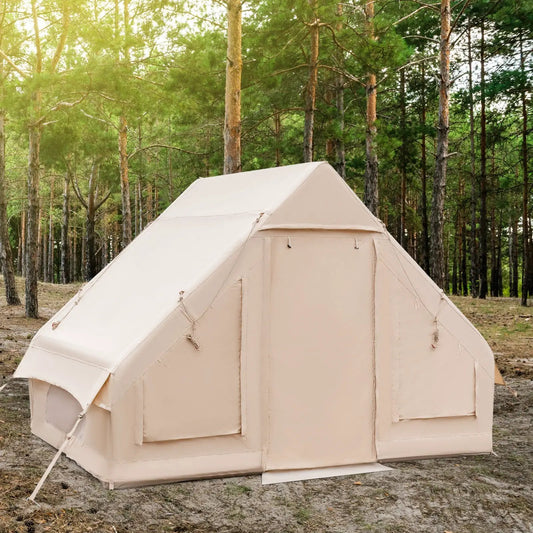 Beige inflatable camping tent for 2 to 6 people with pump in a pine forest on Tampa Home & Garden Store