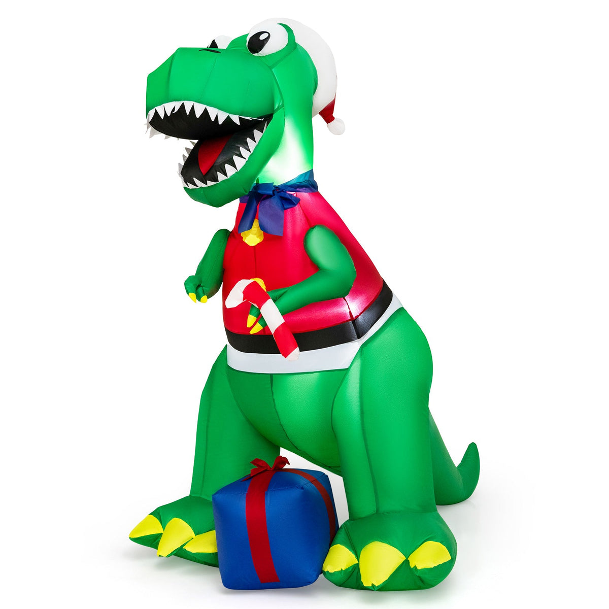 Inflatable green Christmas dinosaur decoration by DirectDeals with LED lights, Santa hat on Tampa Home & Garden Store