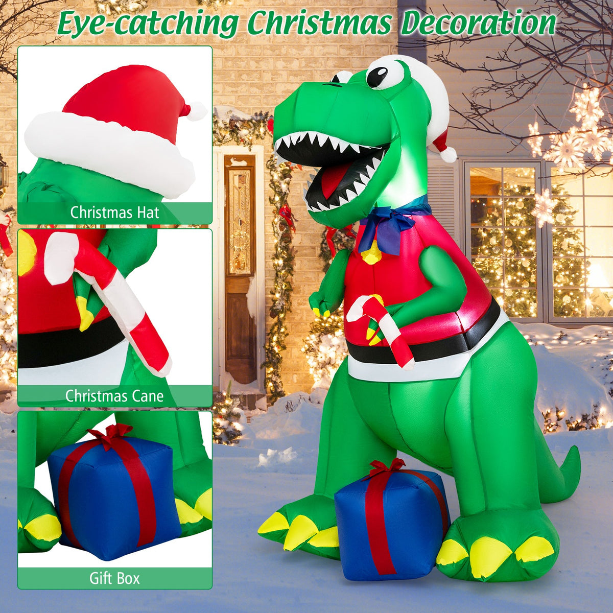 DirectDeals inflatable Christmas dinosaur, green with Santa hat and LED lights for display on Tampa Home & Garden Store