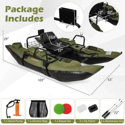 Inflatable Fishing Float Tube with Foldable Padded Seat and Adjustable Footrest-Green