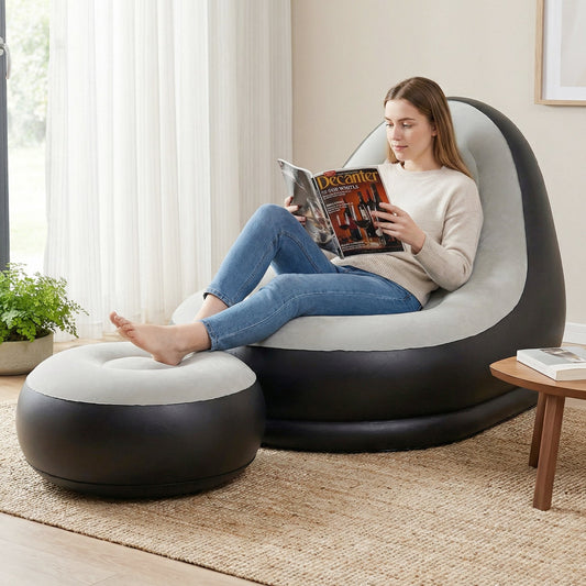 Inflatable Lounge Sofa with Ottoman Portable Air Sofa for Adults with Flocked Surface-Grey - Tampa Home & Garden Store