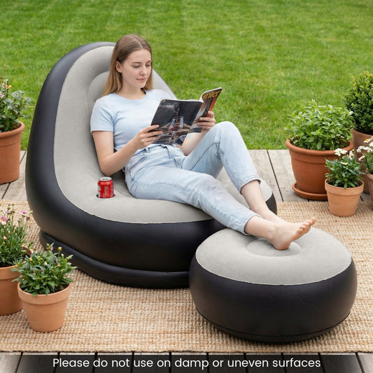 Inflatable Lounge Sofa with Ottoman Portable Air Sofa for Adults with Flocked Surface-Grey - Tampa Home & Garden Store