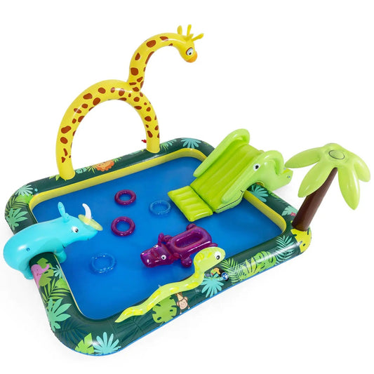 Inflatable Jungle Play Center Spray Pool with Slide Giraffe, yellow arch, blue pool DirectDeals on Tampa Home & Garden Store