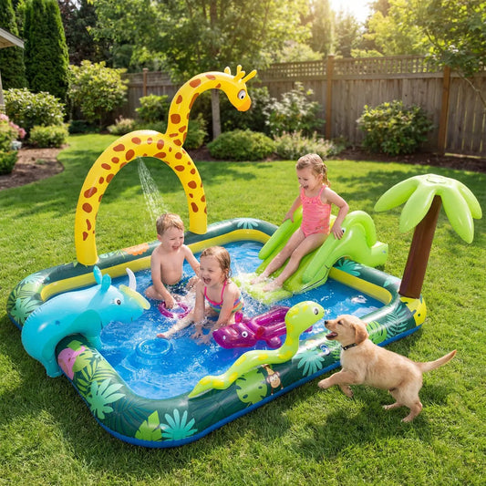 Inflatable Play Center Jungle Animal Spray Pool with Slide Giraffe DirectDeals; three kids on Tampa Home & Garden Store