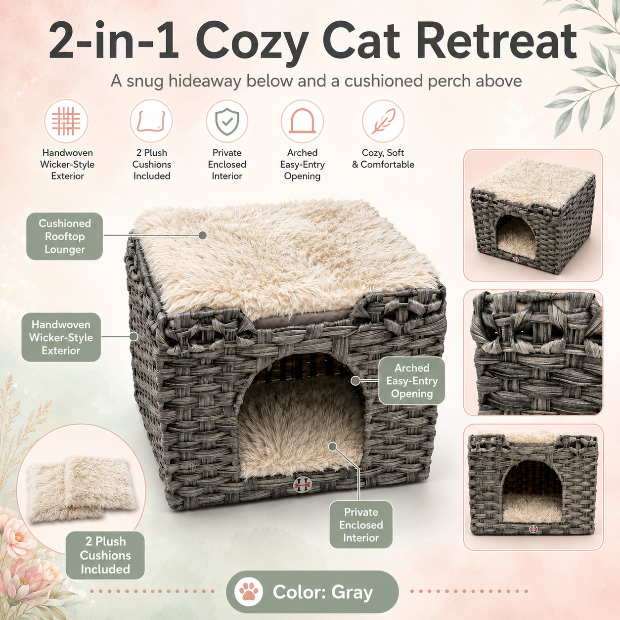 Huntley Pet Cat House with 2 cushions included gray handwoven wicker exterior and arched entry on Tampa Home & Garden Store