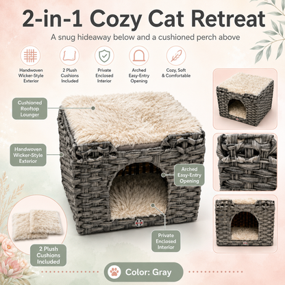 Huntley Pet Cat House with 2 cushions included gray handwoven wicker exterior and arched entry on Tampa Home & Garden Store
