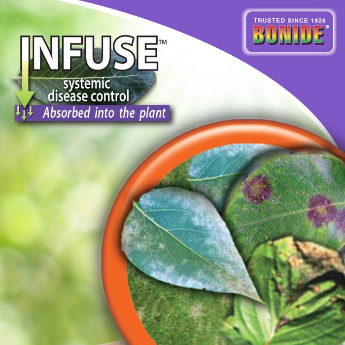 Bonide Infuse systemic plant fungicide concentrate packaging with Bonide logo and green leaves on Tampa Home & Garden Store