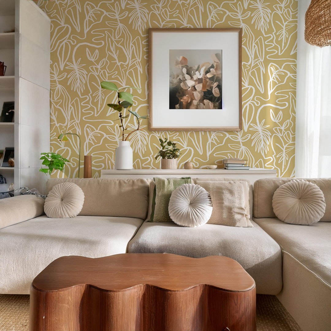 Inked Foliage Wallpaper, butter yellow and white - Tampa Home & Garden Store