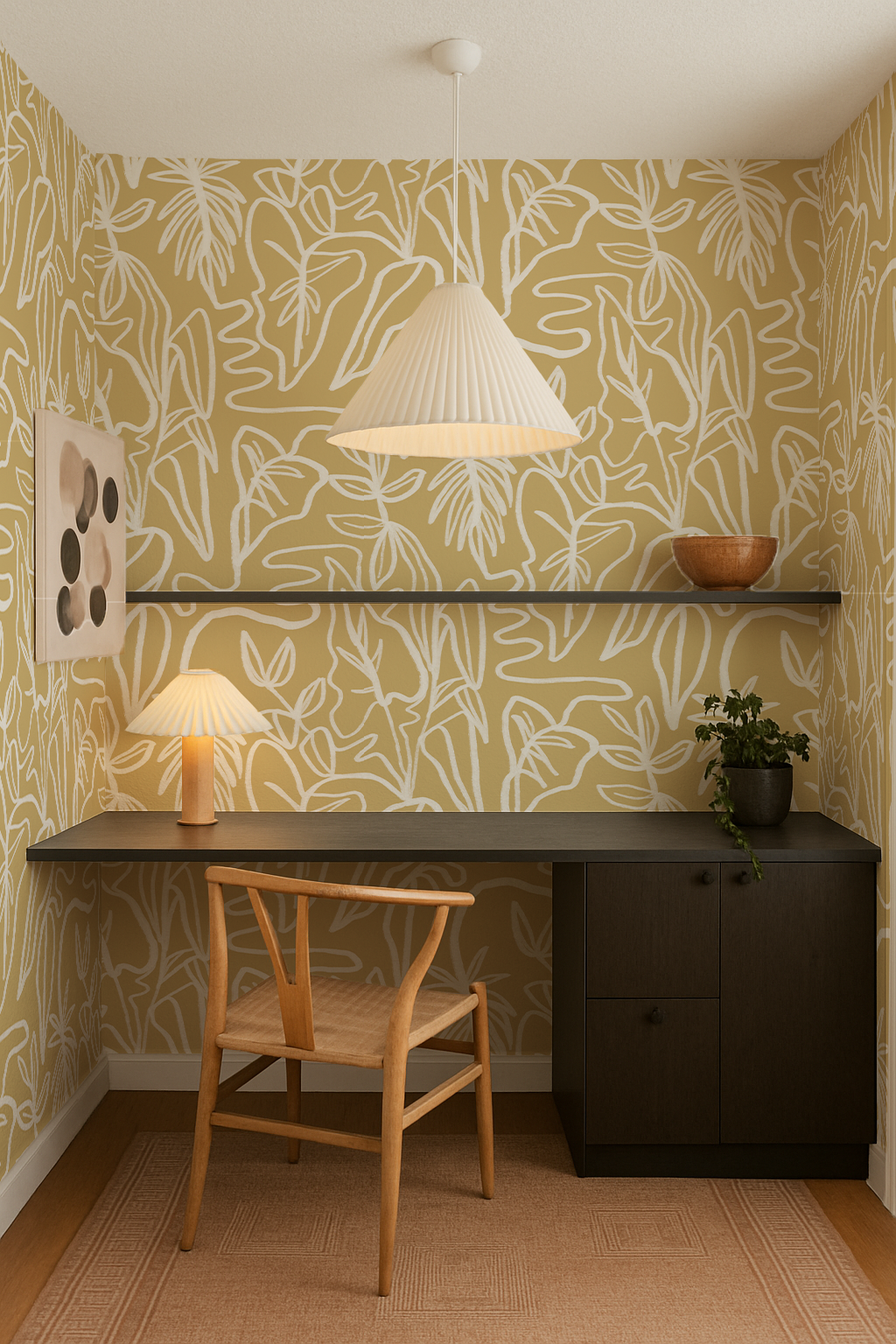 Inked Foliage Wallpaper, butter yellow and white - Tampa Home & Garden Store