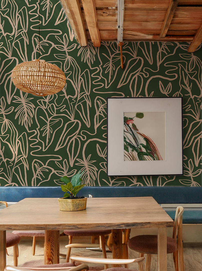 Inked Foliage Wallpaper, green and peach - Tampa Home & Garden Store