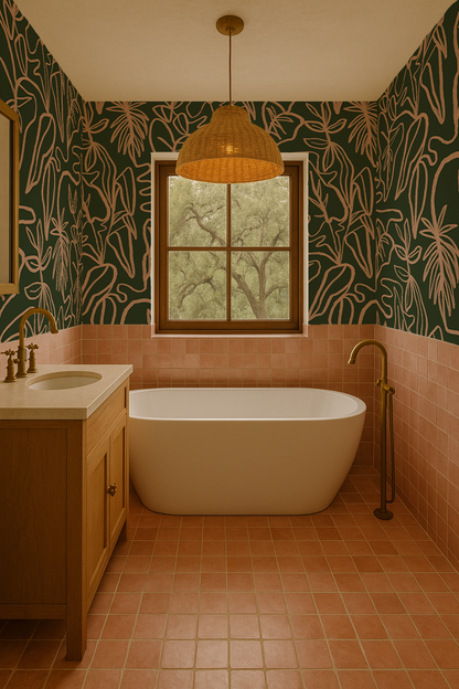 Inked Foliage Wallpaper, green and peach - Tampa Home & Garden Store