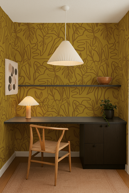 Inked Foliage Wallpaper, mustard - Tampa Home & Garden Store