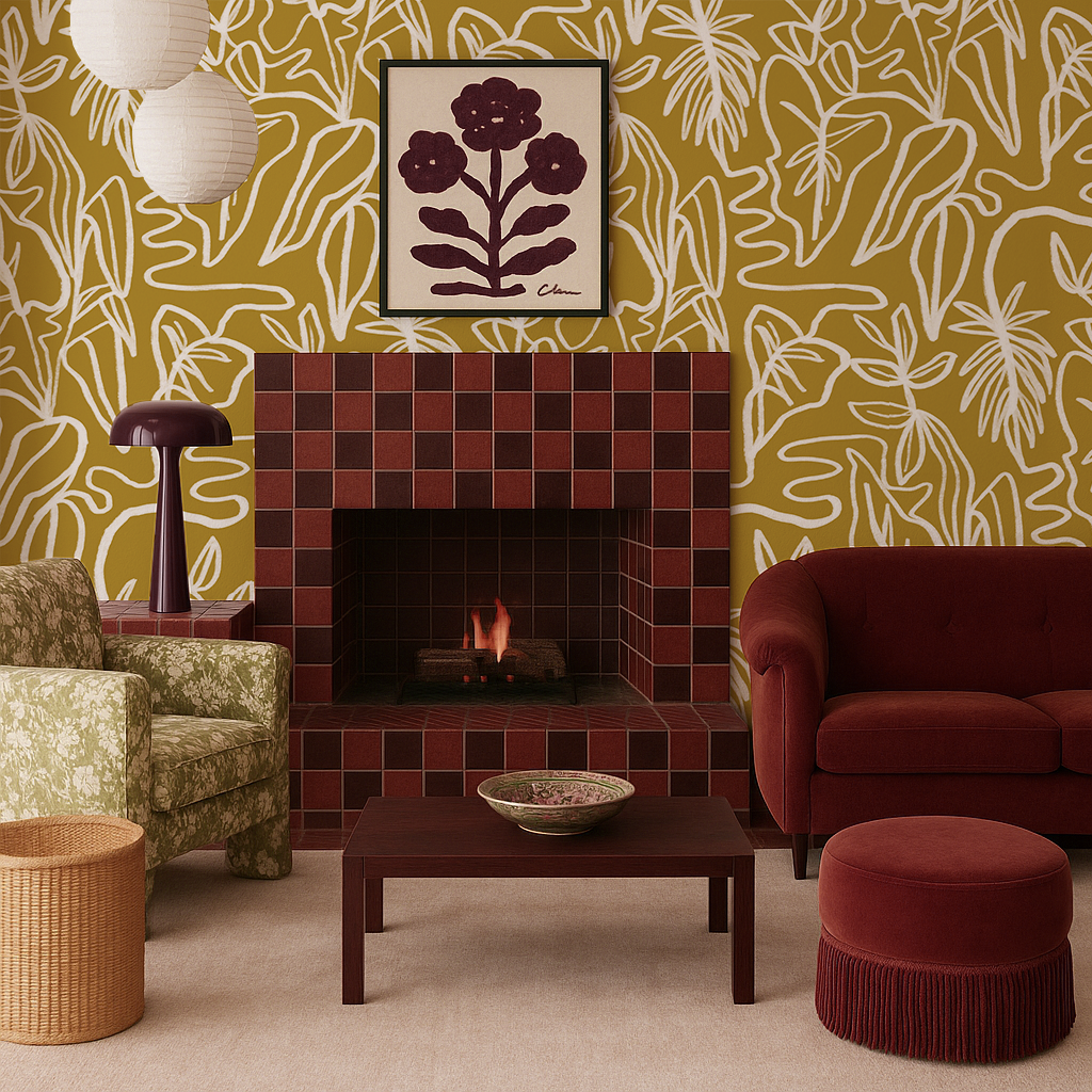 Inked Foliage Wallpaper, mustard and white - Tampa Home & Garden Store