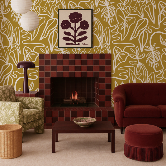 Inked Foliage Wallpaper, mustard and white - Tampa Home & Garden Store