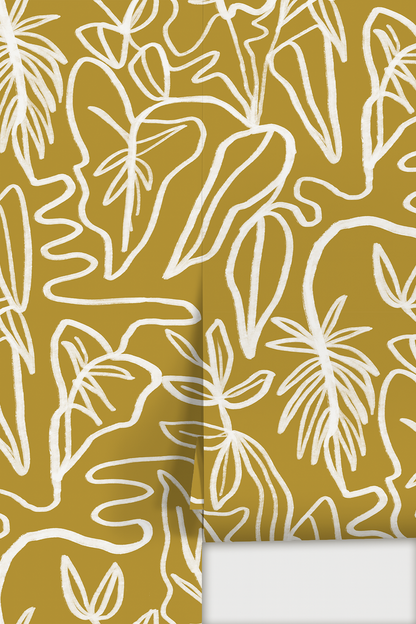 Inked Foliage Wallpaper, mustard and white - Tampa Home & Garden Store