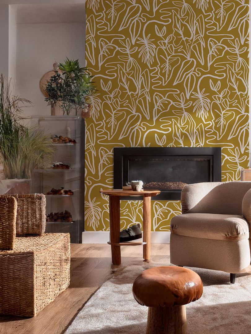 Inked Foliage Wallpaper, mustard and white - Tampa Home & Garden Store