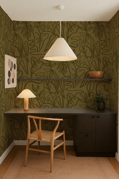 Inked Foliage Wallpaper, olive green - Tampa Home & Garden Store