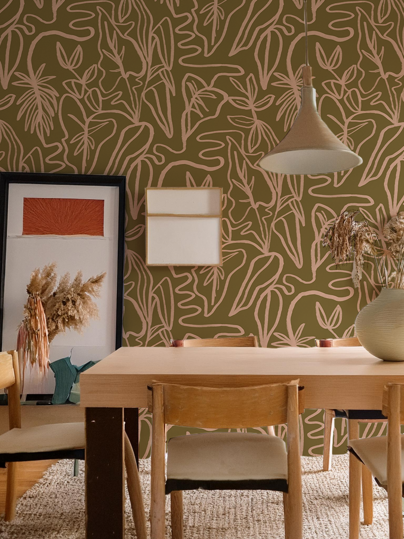 Inked Foliage Wallpaper, olive green and peach - Tampa Home & Garden Store