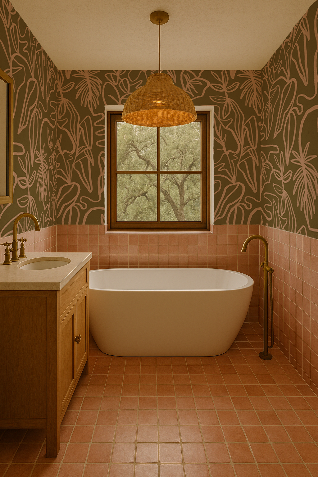 Inked Foliage Wallpaper, olive green and peach - Tampa Home & Garden Store