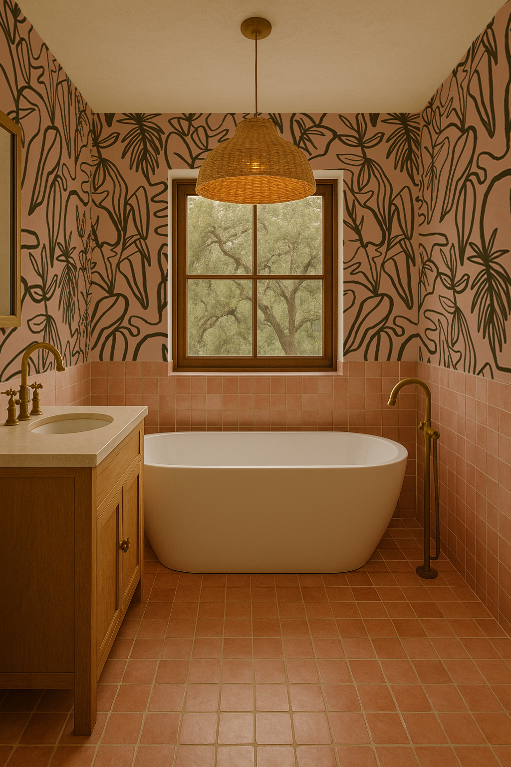 Inked Foliage Wallpaper, peach and olive green - Tampa Home & Garden Store