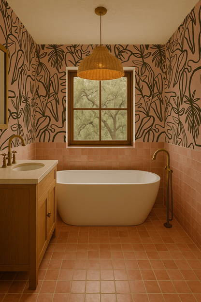 Inked Foliage Wallpaper, peach and olive green - Tampa Home & Garden Store