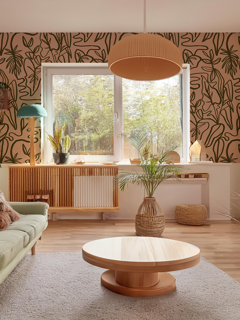 Inked Foliage Wallpaper, peach and olive green - Tampa Home & Garden Store