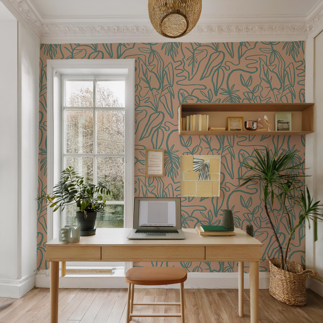 Inked Foliage Wallpaper, peach and teal - Tampa Home & Garden Store