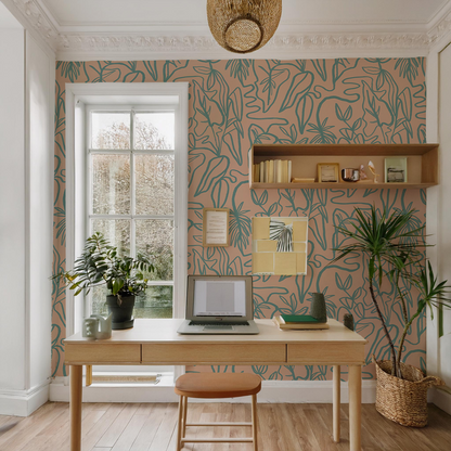 Inked Foliage Wallpaper, peach and teal - Tampa Home & Garden Store