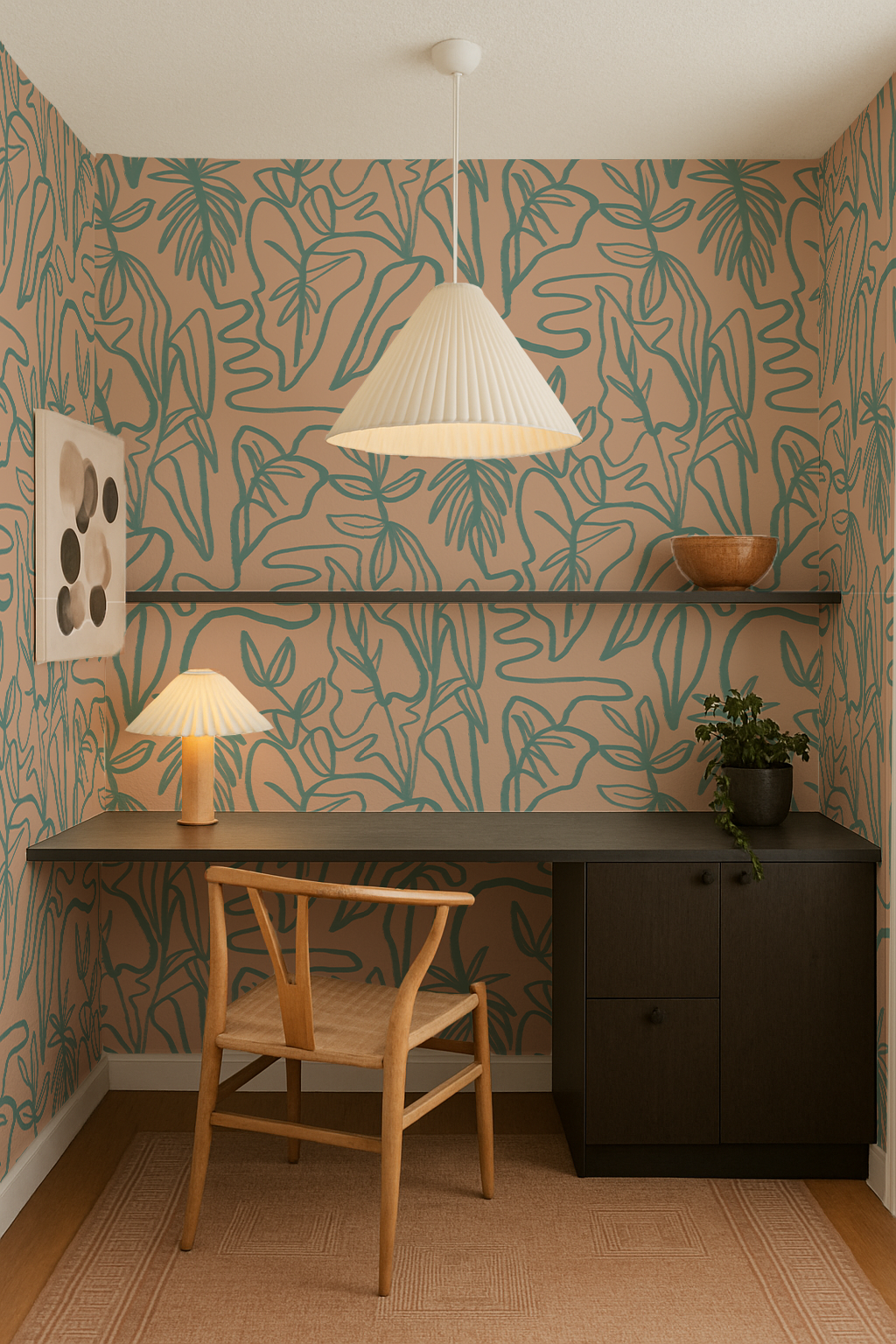 Inked Foliage Wallpaper, peach and teal - Tampa Home & Garden Store