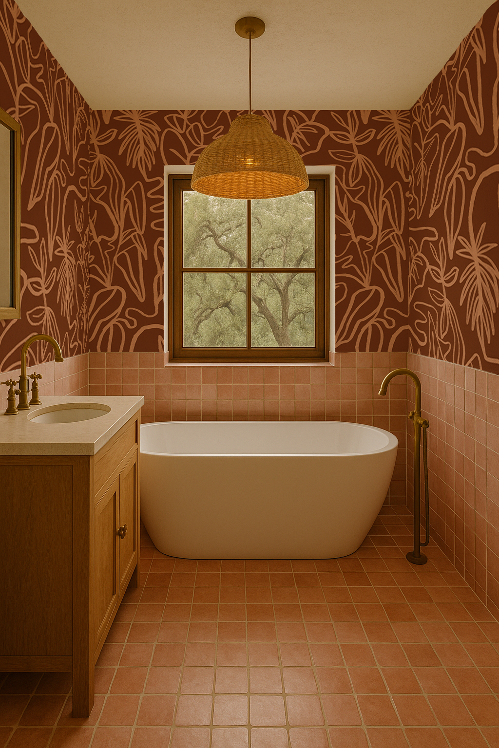 Inked Foliage Wallpaper, rust and peach - Tampa Home & Garden Store