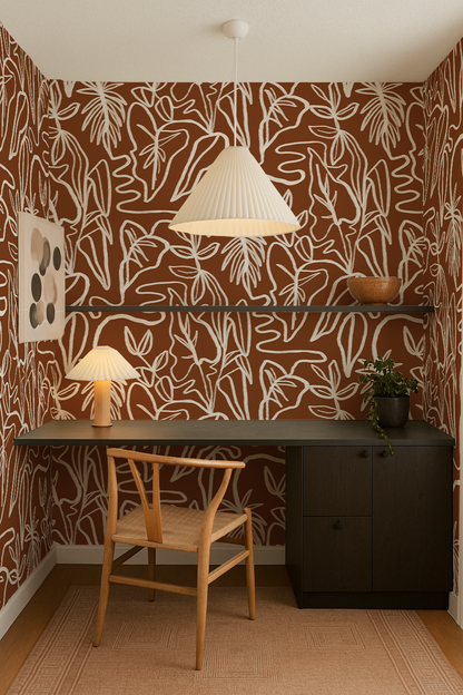 Inked Foliage Wallpaper, rust and white - Tampa Home & Garden Store