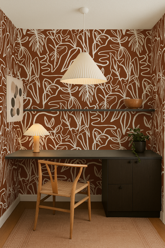 Inked Foliage Wallpaper, rust and white - Tampa Home & Garden Store